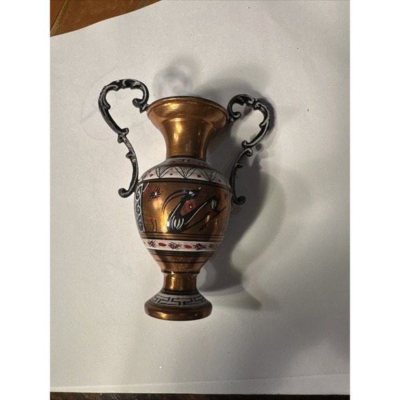 Vintage Hand Engraved Copper Greek Amphora Vase Made in Greece Twin Handle 6" - Picture 3 of 8